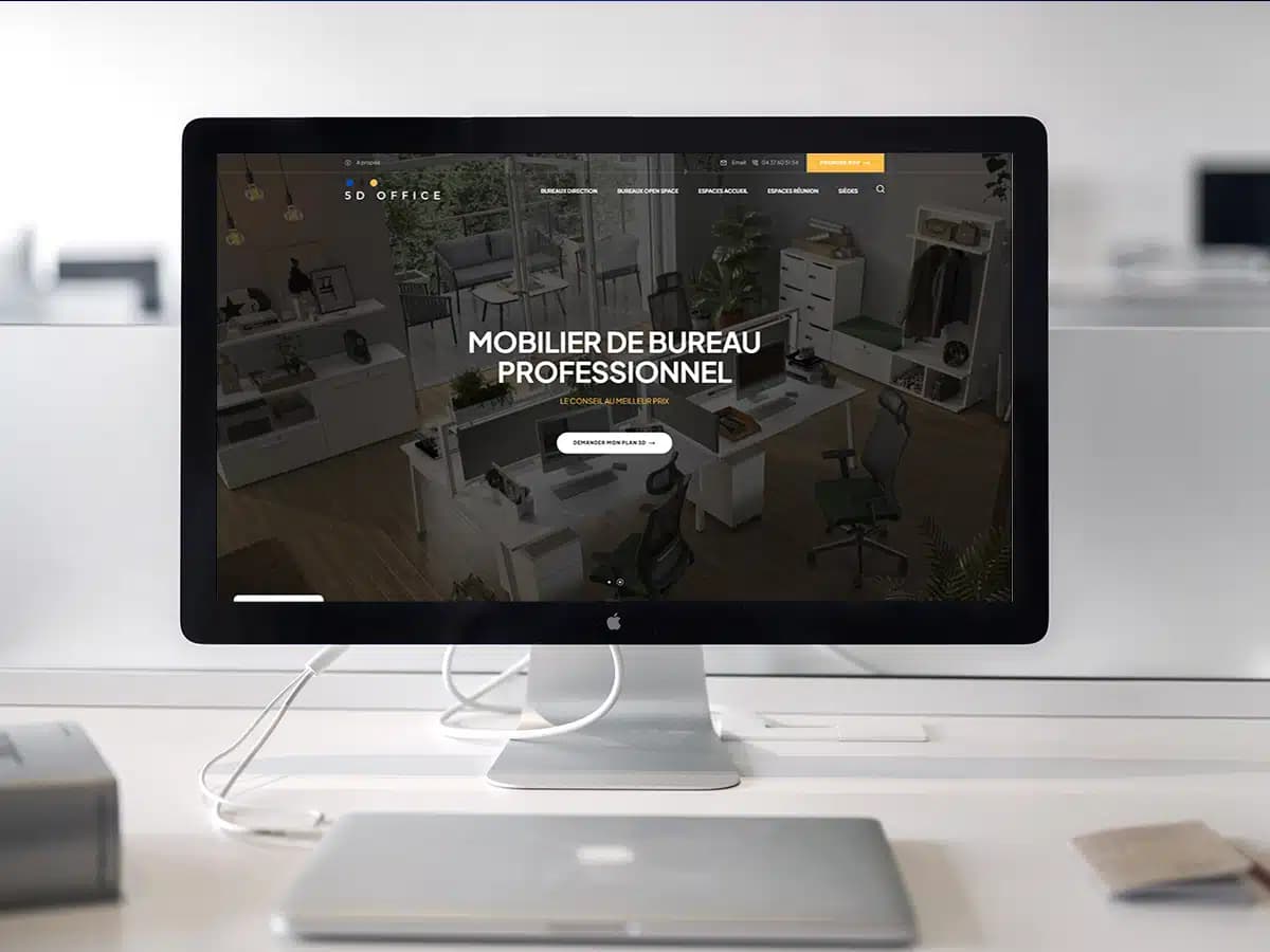 Site 5D Office affiché sur iMac, hero mobilier de bureau professionnel